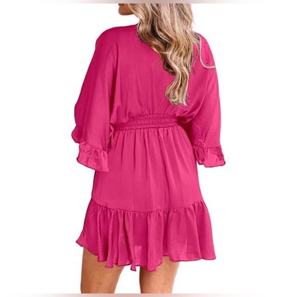 Women  V Neck Dress Causal Short Sleeve Elegant Ruffle Flowy Mini Dress small - Picture 3 of 14